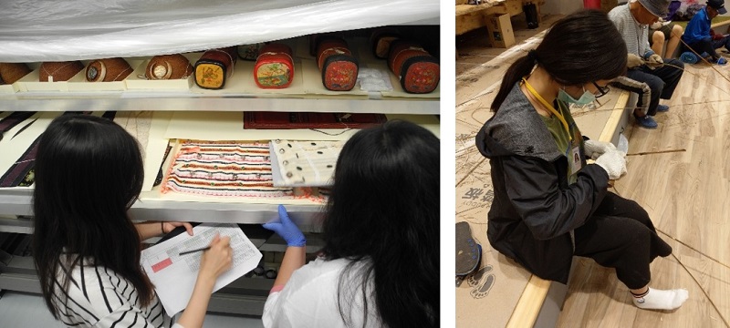 左圖：協助進行二樓庫房櫃架內的文物編號校對，確認每一櫃的文物與清單上相同。 / 右圖：協助考古兒童廳內原住民家屋的搭建