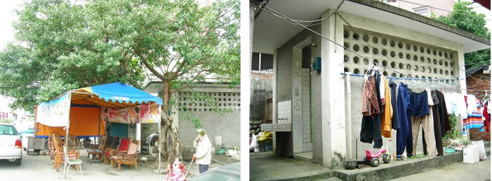 左圖：泰山路口的公廁、榕樹與自主搭設的休憩亭 / 右圖：114號對面的公廁