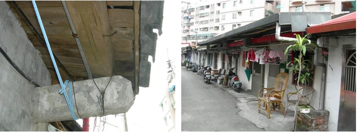 左圖：屋簷之混凝土出挑 / 右圖：眷舍屋前搭設鐵皮雨遮