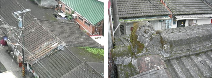 左圖：僅存的紅瓦屋面 / 右圖：水泥瓦屋面屋脊細部