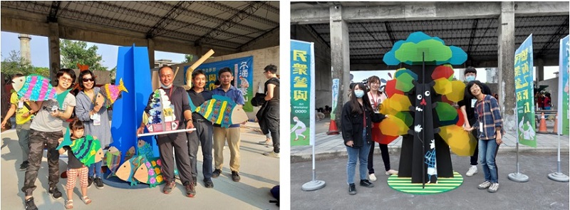 左圖：參與民眾與藝術家一同創作的館館相連藝術工作坊在中興文創園區熱鬧展開。 / 右圖：民眾與完成的公共藝術品開心合照。
