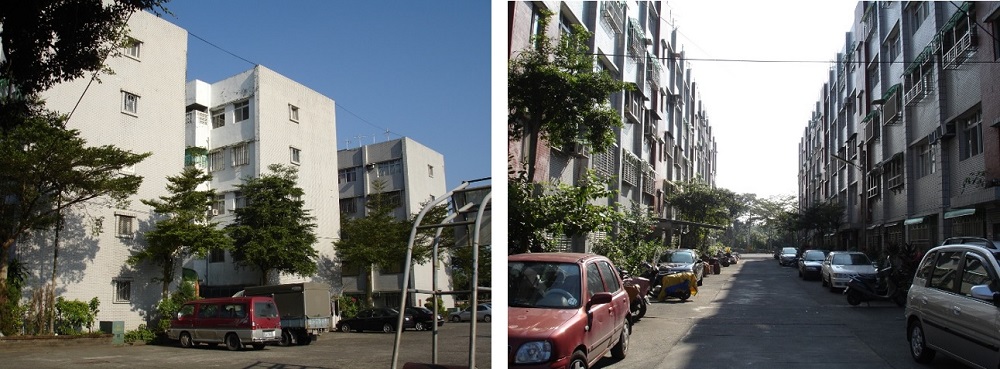 左圖：敬業新城眷舍側面 / 右圖：敬業新城2、3排間巷道