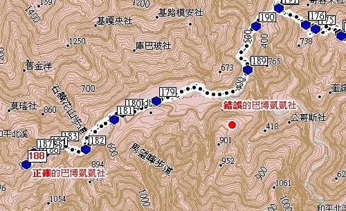 GPS資料。圖中左下方之188點即是正確的巴博凱凱，而原本在GPS中189點下所註明的巴博凱凱則是從前誤傳的位置，兩處相距甚遠