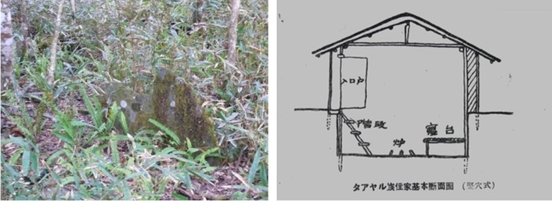 左圖：高約30-50公分的石板屬於泰雅傳統家屋建材的一部份 / 右圖：由泰雅家屋立面圖可清楚看出其深入地底之建造 圖片來源：千千岩助太郎：《台灣高砂族住家の研究》第4期，（台北：財團法人台灣建築會，1942），頁42