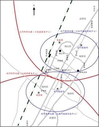 舊頭城市區及新舊南北門信仰圈示意圖