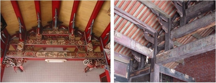 左圖：追遠堂架內使用方樑蜀柱 / 右圖：廣孝堂之棟架與追遠堂相似