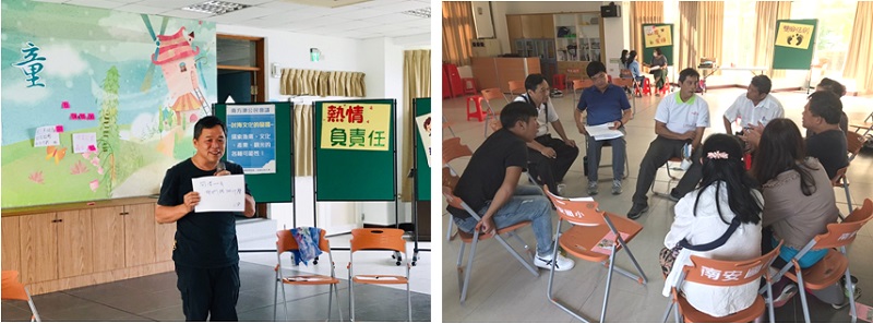左圖：蘭陽博物館林正芳組長展示議題「開港100年我們能做什麼？」/  右圖：小組各據活動場地一隅熱烈討論
