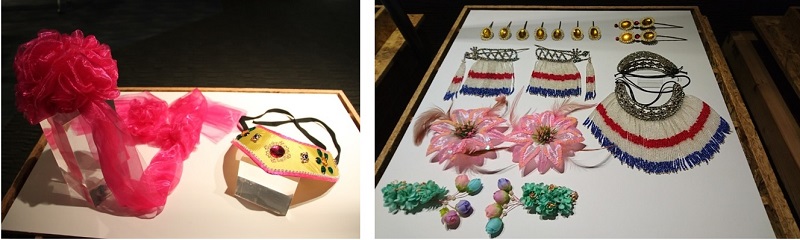 左圖：封蘇、眉，是飾演旦角者必備頭飾。結頭份社區發展協會提供  /  右圖：旦角珠花頭飾組，結頭份社區發展協會提供