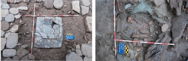 左圖：漢本遺址板岩拼組之葬室，位於前埕之舖石面下。  /  右圖：漢本遺址第一文化層結合自然崩落石塊及立板組成之葬室