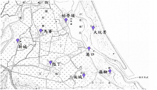 新城溪南岸聚落。資料來源：中央研究院人社中心GIS專題中心「臺灣百年歷史地圖系統：臺灣堡圖(明治版)」網站，瀏覽日期：2020年6月17日。