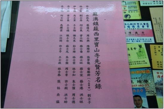 四結蘇澳先賢神位及先賢名錄。資料來源：筆者拍攝，攝於2016年4月3日。