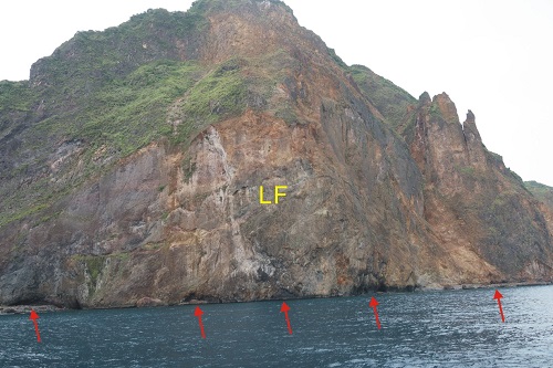 龜甲南側的安山岩熔岩流(LF)，以及底下的海蝕洞(箭頭處)。攝影：林建緯