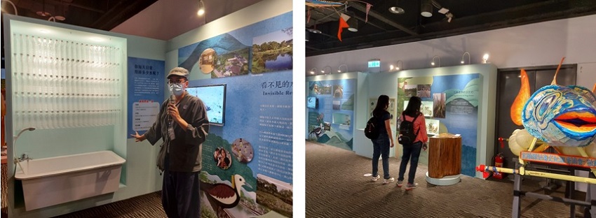 左圖：策展人邱憲章老師說明水資源與環境保護的關係 / 右圖：檜木森林與鯖魚是宜蘭勁水帶來的禮物