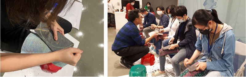 左圖：學員在頁岩上以粉筆畫出輪廓方便打製 / 右圖：一字排開打製石器的畫面頗是壯觀