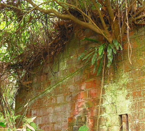 銃櫃外牆有道白灰漿(斜接縫處)，應為廊道屋頂連接的痕跡