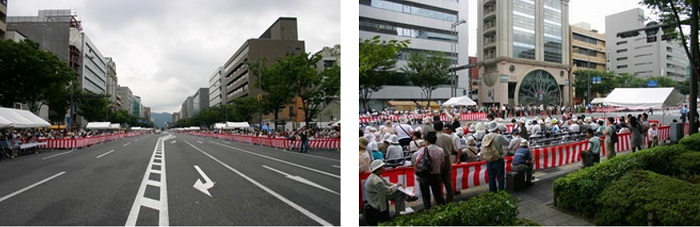 左圖：道路兩邊視野最好的地方是有收費的指定座席 / 右圖：指定座席