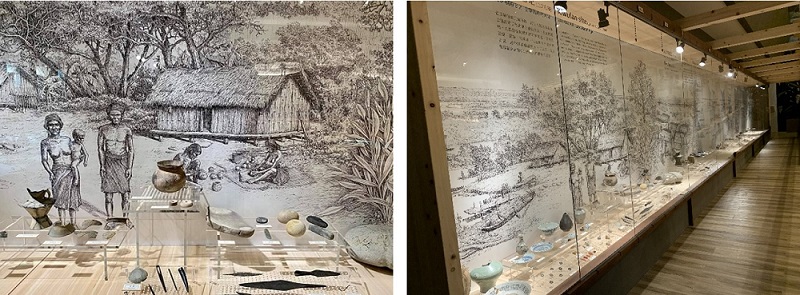 左圖：時光廊道展示配合圖文說明，精選陳列各時期史前遺物。 / 右圖：時光廊道展區以手繪插畫做背景
