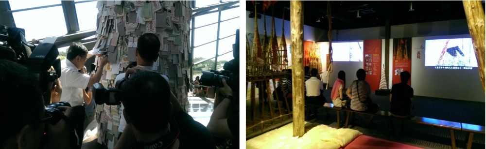 左圖：2014年蘭博辦理「搶孤特展」，柯文哲在孤棧上掛祈福卡。 / 右圖：2014年蘭博辦理「搶孤特展」會場