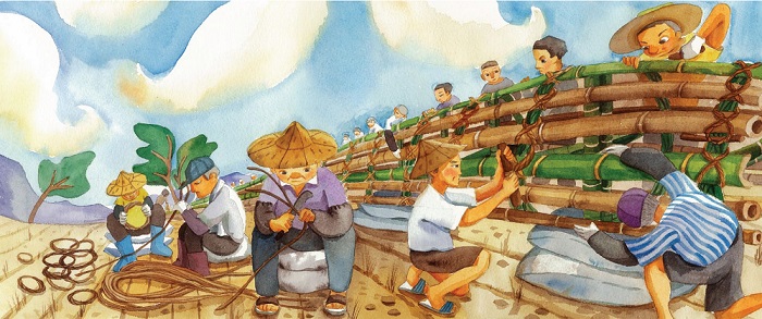 村落裡經驗豐富的耆老忙削籐皮、做藤箍。(註四)