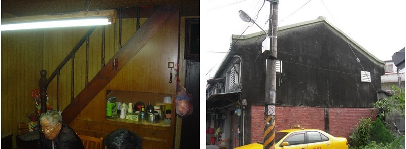 左圖：第一種斜頂形式，右邊增建一層斜頂。 / 右圖：第一種眷舍形式內部樓梯，後側為廚房及增建空間。