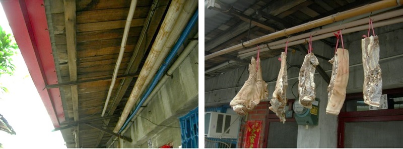 左圖：自行增設之一層出簷的木屋面板及角料 / 右圖：屋簷下的空間為平時居民休憩及懸掛衣服及臘肉的空間