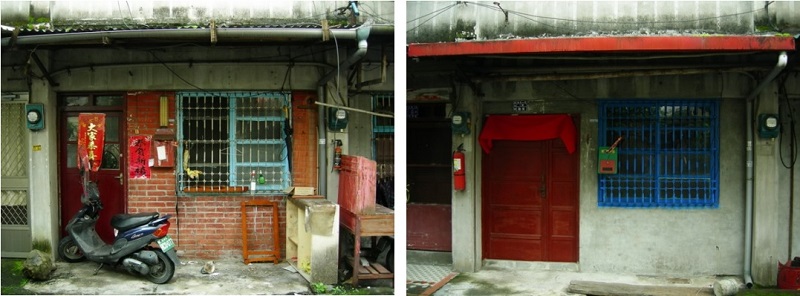 左圖：紅磚牆面 / 右圖：一層牆面粉刷及門窗