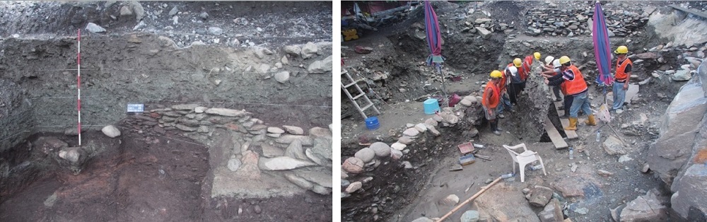 左圖：漢本史前文化層堆積，深受疊石駁崁所限制。 / 右圖：地層斷面剝取工作