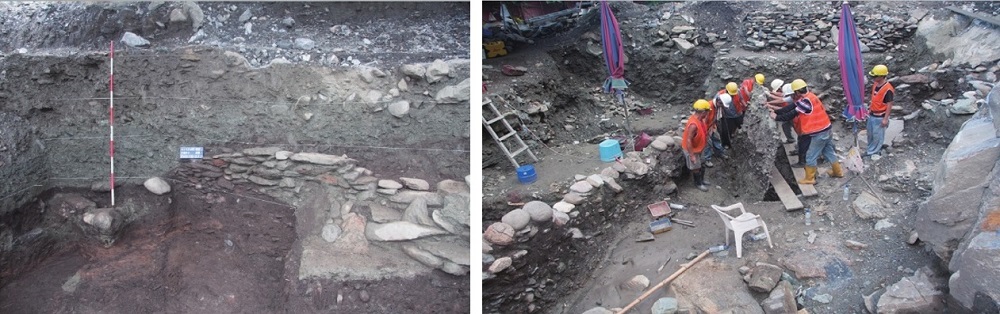 左圖：漢本史前文化層堆積，深受疊石駁崁所限制。 / 右圖：地層斷面剝取工作
