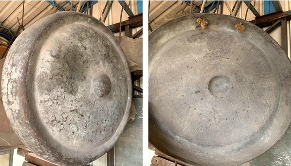 左圖：林午先生製作之鐵鑼外觀，2018年攝。林浩賢提供 / 右圖：林午先生製作之鐵鑼內面，2018年攝。林浩賢提供