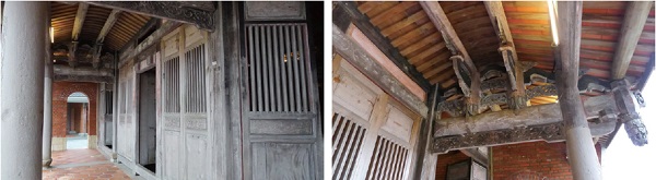 左圖：建築構件多為原物件重組修復  /  右圖：前廊上方的捲棚