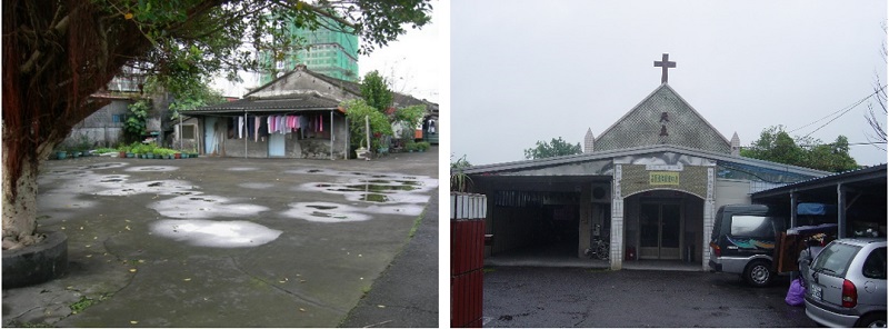 左圖：長巷南端之空地、榕樹。  /  右圖：眷村裡唯一的天主堂現在是惠民殘障服務中心