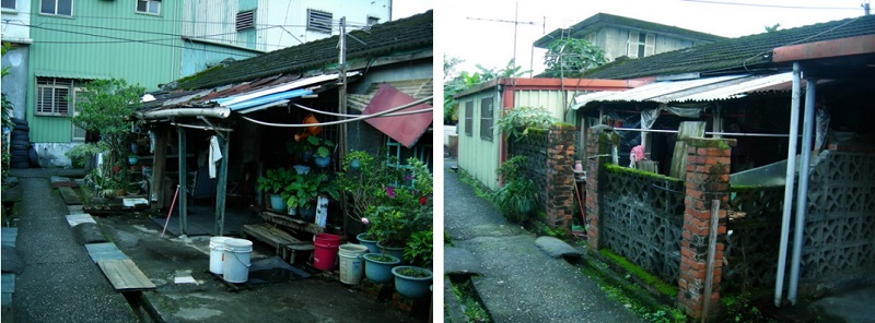 左圖：(C排-C-4)巷道、前庭雨庇、植栽等的空間。 / 右圖：(C排-C-4)連棟眷舍及前後庭增築的情形