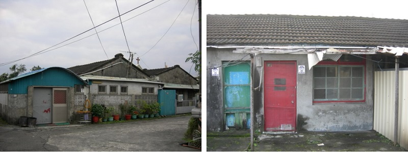 左圖：相連的前後屋形式與前庭的增築(B排) / 右圖：一門一窗形式的正立面(A排)