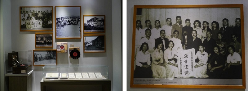 左圖：甲子紀念堂內宜蘭念佛會歌詠隊照片文物展示區，2019年攝，蘭陽博物館提供。  /  右圖：甲子紀念堂內宜蘭念佛會歌詠隊老照片，2019年攝。