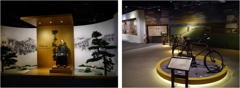 左圖：4樓美術館，自2014年起，命名為｢甲子紀念堂｣，以60年弘法過程設置為常設展，2019年攝。  /  右圖：｢甲子紀念堂｣內常設展場景，2019年攝。