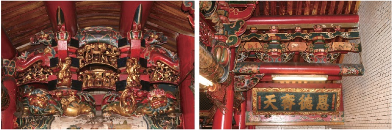 左圖：昭應宮三川殿後步口右棟架精彩的傳統木雕作品  /  右圖：昭應宮正殿左次間看架型式