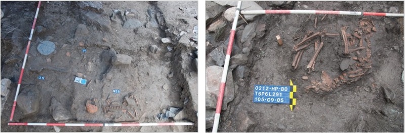 左圖：嬰兒遺骸多採淺埋，常遭擾亂，葬姿並不固定。  /  右圖：漢本遺址第一文化層無棺具之側身屈肢葬