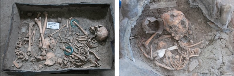 左圖：葬主雙臂佩飾玻璃環飾  /  右圖：嬰幼兒葬主身旁放置陶罐、瑪瑙、貝飾、玻璃珠等陪葬品