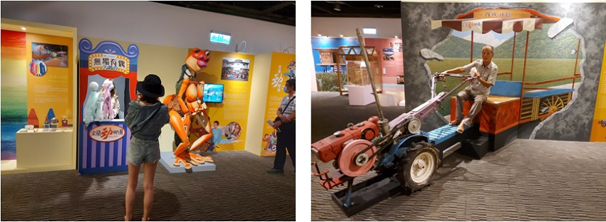 左圖：宜蘭勁好玩手操偶體驗 / 右圖：由社區阿公組成的鐵牛車隊，推動鐵牛力阿卡導覽體驗，載著大家感受農村的生活日常。