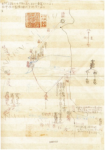 伊能嘉矩的手稿，以地圖的方式詳細記錄他在平原行走的足跡。