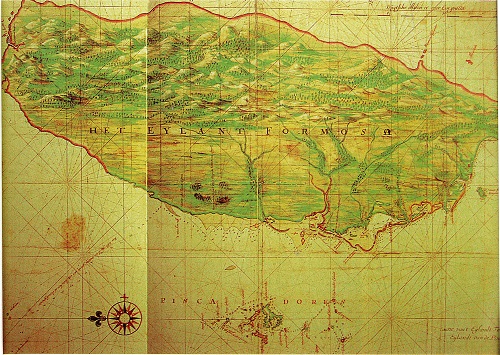 1636年，約翰‧芬伯(Johannes Vingboons)繪的這張彩色台灣島地圖，東部山脈緊迫著海岸而矗立。雖然當時荷蘭人對台灣東部，特別是侷限在東北部的蘭陽平原一無所知，但他們應已知台灣東部海岸曲折陡峭的地形。