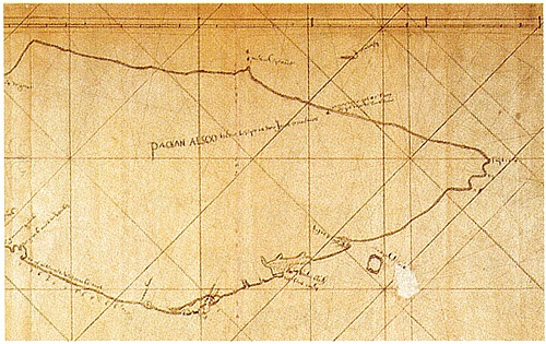 1625年荷蘭人諾得洛斯(Jacobljsbrandtsz Noordeloos)繪的台灣全島圖，這是荷蘭人首次將台灣畫成完整的島嶼，當時諾得洛斯雖曾環島一周，不過，對於蘭陽平原一無所知。