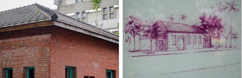 左圖：紅磚屋特殊的寄棟式屋頂一角 / 右圖：前身米穀出張所之建築插畫