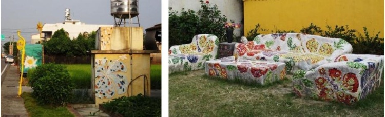 圖19：土溝農村美術館被裝飾的廁所與水 / 圖20：土溝農村美術館，南藝大學生協助在空地上的藝術創作