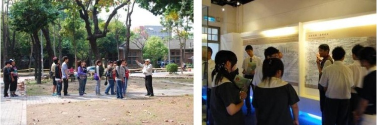 圖30：嘉藥觀光系學生參訪成大博物館，成博志工黃南銘先生導覽成大校園生態(成大博物館提供) / 圖31：香港城市大學學生參訪成大博物館，成博志工吳震東先生導覽本校美援時期與普渡大學合作成果展(成大博物館提供)