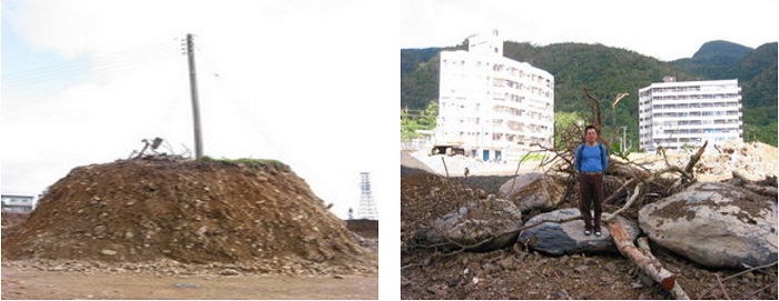 左圖圖4山丘6被完全剷平前暫時留下的電線桿。圖中顯示土堆的高度約3公尺，土堆的礫、砂與泥混合均勻，無層理構造，顯然是快速堆積的結果。 / 右圖圖5被剷平的山丘3。剷平的過程中從土堆裡清出許多大塊的板狀硬頁岩，通常需要較大能量的溪水（如土石流的發生）才可搬運如此大塊的岩石。