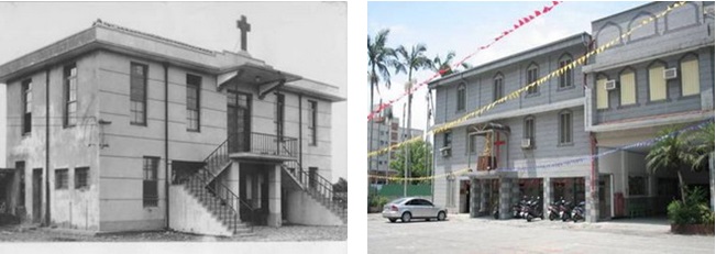 左圖：民國44年購得北成街土地，並改建二層樓臨時聖堂（北成天主堂提供） / 右圖：臨時聖堂今已改建為三層樓建築，一樓為神父辦公處所，二樓為神職人員宿舍，三樓為會議室。