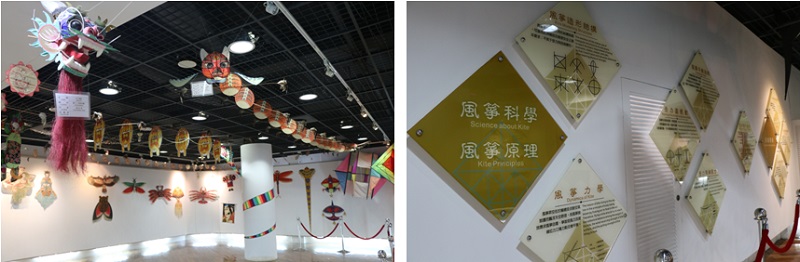 左圖：冬山風箏館第三展示室的各地區特色風箏，2020年攝。 / 右圖：冬山風箏館第四展示室解說風箏科學，2020年攝