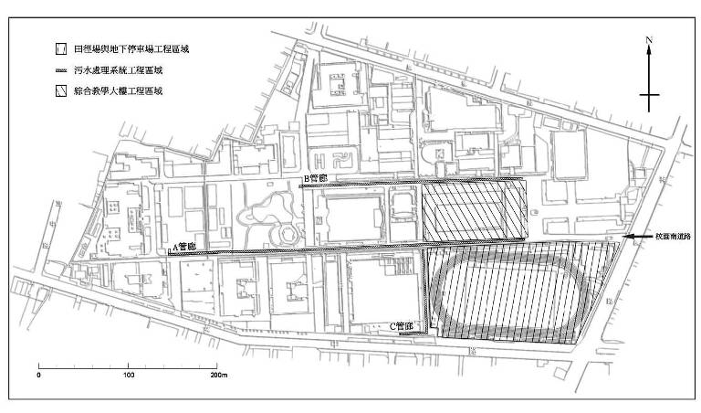 宜大校園內YLNH遺址發掘相關工程位置圖。