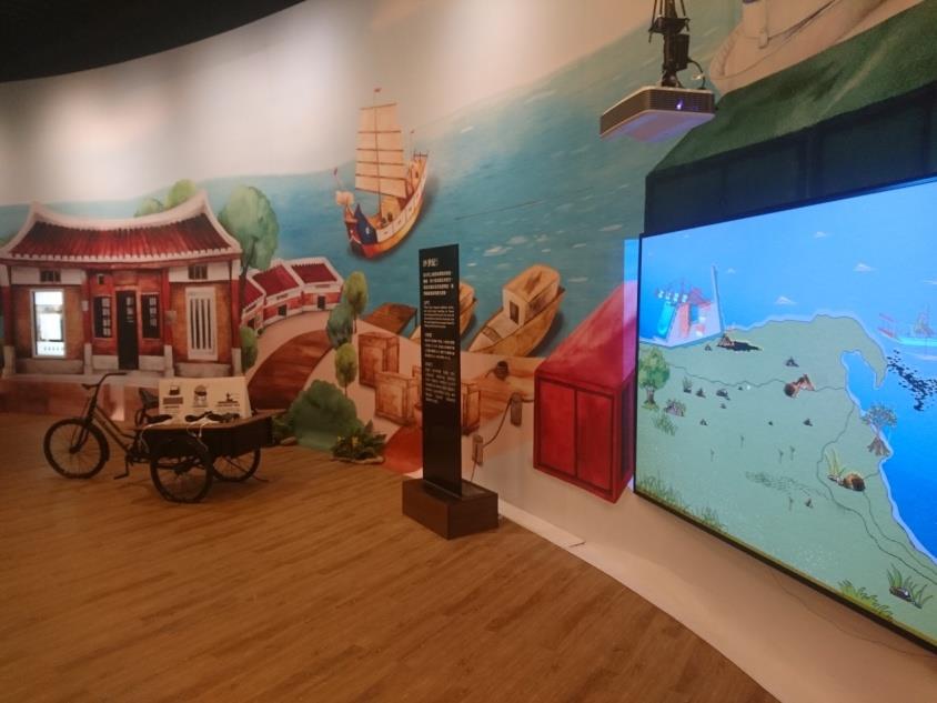 八里時光機展場-從右到左分別為感應式互動投影、虛擬實境、地契互動